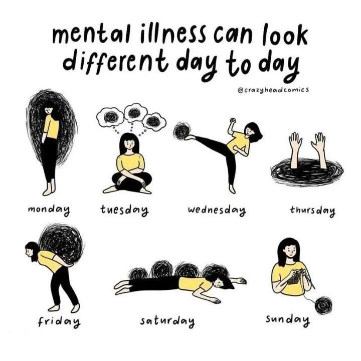 This illlustration by <a href="/crazyheadcomics/">matilda</a> is a very good reminder how mental illness can look not only different from day to day but also to each person. Keep talking and telling how it feels for you.  #mentalhealth #wednesdaythought #mentalwellbeing #counsellor