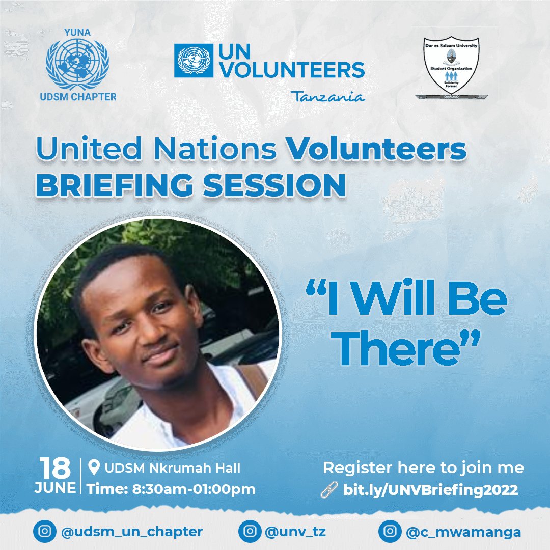 HassanMHamis1's tweet photo. I will be attending the #UNVBriefing session this Saturday at UDSM Nkrumah Hall from 08:30 am.  Do you also want to #BecomeaUNVolunteer?
Register now to attend the session: https://t.co/7P404UQB0L
See you on Saturday!
@udsm_un_chapter @DarusoMlimani @unv_tz @c_mwamanga https://t.co/eyGIuUtfIc