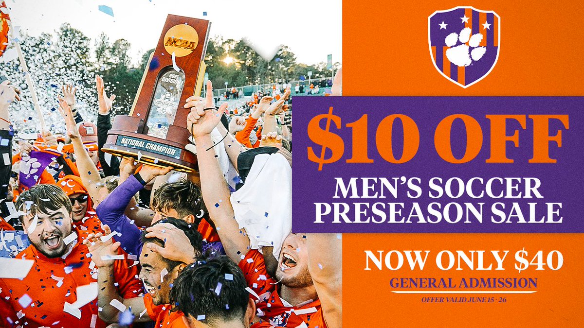 ClemsonMSoccer's tweet photo. Secure your spot TODAY to make sure you can watch Clemson United defend its National Championship at the best venue in College Soccer 💪

LINK: https://t.co/KV3fsOAA3A https://t.co/N8Xkm4ZZ8D