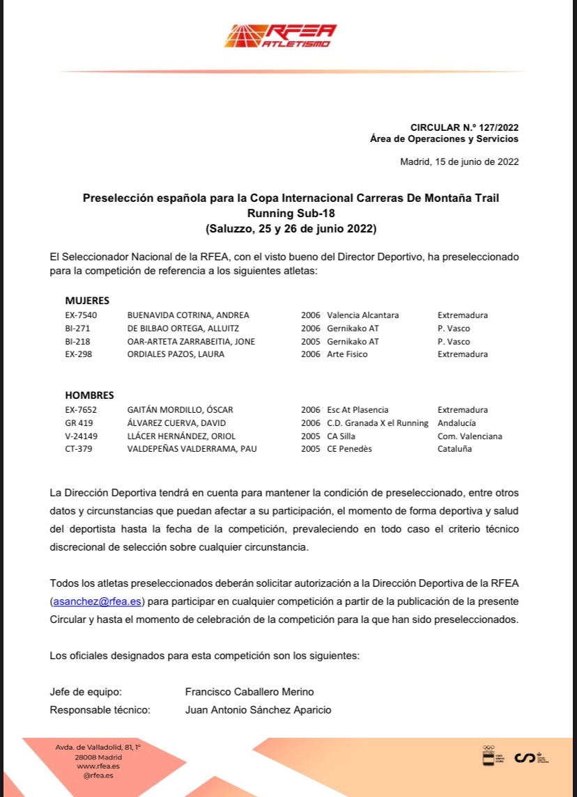 🟢⚪️⚫️Tres atletas extremeños y un entrenador seleccionados por la <a href="/atletismoRFEA/">atletismoRFEA</a> para representar a España en la Copa Internacional de Carreras por Montaña Trail Sub18.
👉🏻Andrea Buenavida
👉🏻Laura Ordiales
👉🏻Óscar Gaitán
👉🏻Entrenador: Juan Antonio Sánchez Aparicio