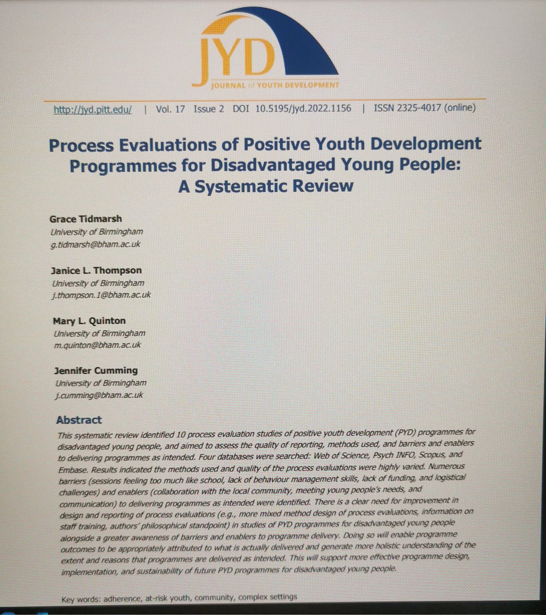 grace_tidmarsh's tweet image. Delighted to share the systematic review from my PhD is now published @JournalYouthDev looking at #ProcessEvaluations of #PYD programmes for disadvantaged young people. A big thank you to co-authors @drjenncumming @Mary_q6 &amp;amp; Prof. J Thompson jyd.pitt.edu/ojs/jyd/articl…