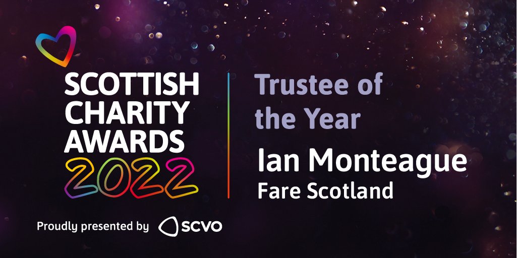 scvotweet's tweet photo. And the winner of the #ScotCharityAwards 🏆 Trustee of the Year Award is... Ian Monteague @FARE_Scotland. Congratulations! 🎉 

A special commendation was given in the Trustee of the Year category to Nina Murray @EngenderScot and Raza Sadiq @ActiveLifeClub 🎉 https://t.co/oTwkiYkL0a