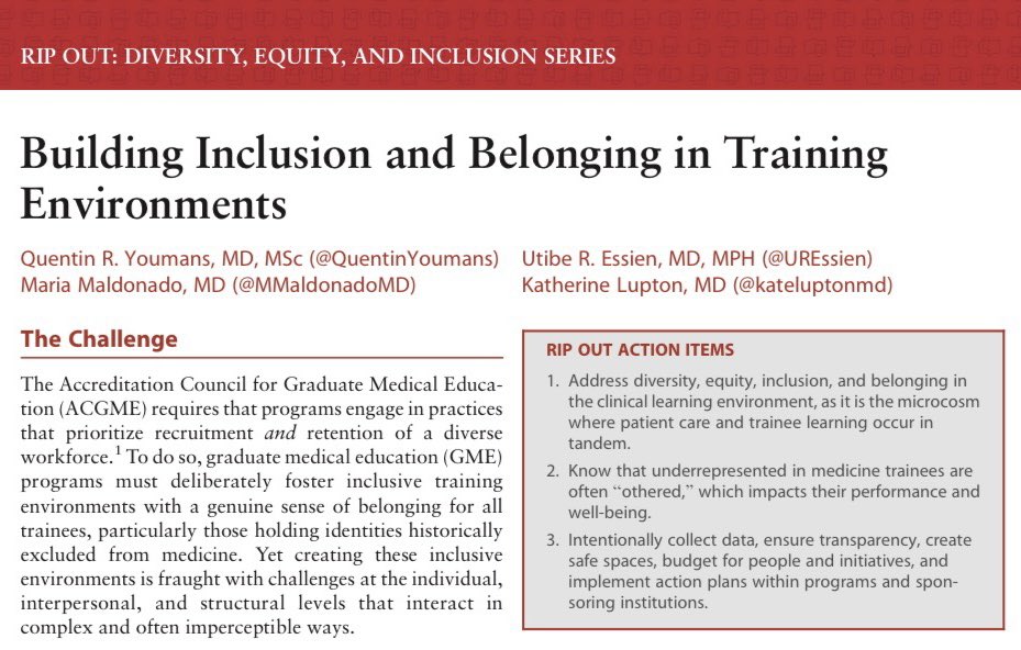 QuentinYoumans's tweet photo. OUT NOW in @JGME.

The clinical learning environment can be caustic for trainees who are underrepresented in medicine.

In this #RipOut, we lay out a basic approach to building inclusion and belonging in #GME. 1/

https://t.co/sWZe3iffbQ https://t.co/JwUoHWpLXK
