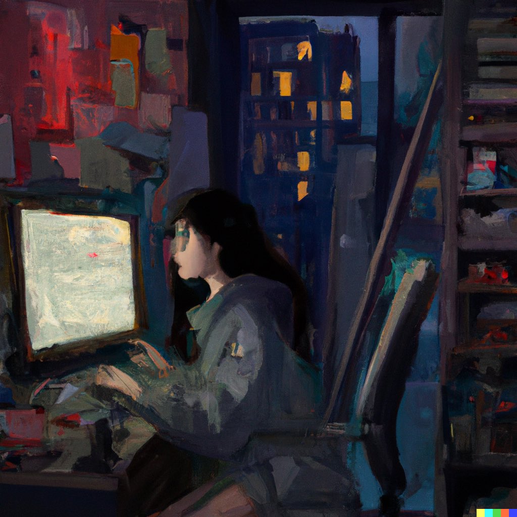 wongmjane's tweet photo. “Cyberpunk surrealist oil painting where a Hong Kong-based female Asian hacker in her 20s is dramatically reverse engineering mobile apps to find out unreleased features and security vulnerabilities in her bedroom late at night”

#dalle #dalle2 https://t.co/LEeMtdgW7n