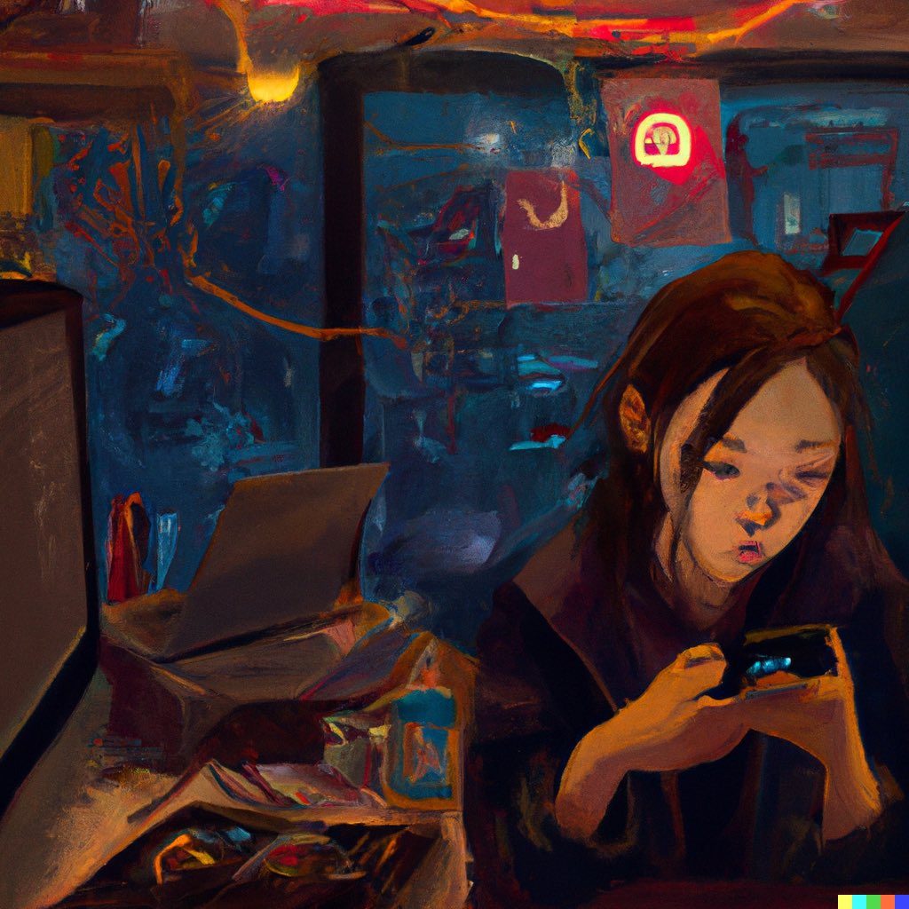 wongmjane's tweet photo. “Cyberpunk surrealist oil painting where a Hong Kong-based female Asian hacker in her 20s is dramatically reverse engineering mobile apps to find out unreleased features and security vulnerabilities in her bedroom late at night”

#dalle #dalle2 https://t.co/LEeMtdgW7n