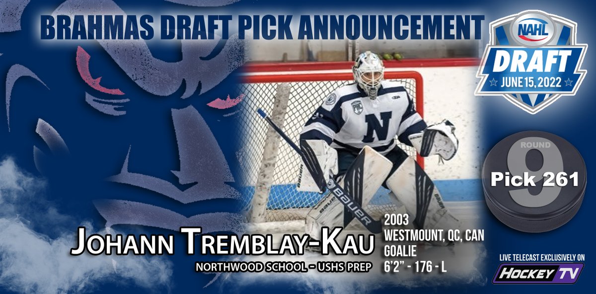 BRAHMAS DRAFT PICK ANNOUNCEMENT! In the 9th Round with the 261st overall pick in the 2022 <a href="/NAHLHockey/">NAHL</a> Draft, YOUR Lone Star Brahmas select Johann Tremblay-Kao of the Northwood School Hockey USHS prep!
Welcome to Brahma Land, Johann! 
#LetsGoBrahmas
