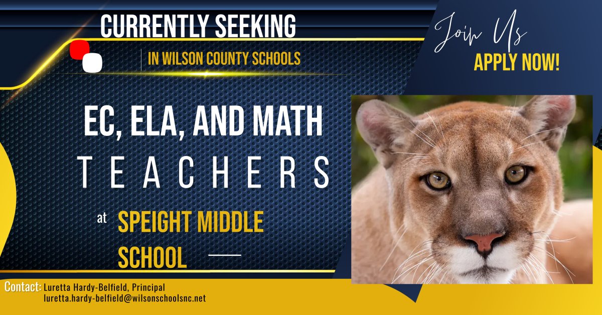 speightmiddle's tweet photo. We are currently looking for EC, ELA, and math teachers! Come join our team! #WCSisbest #SpeightisGreat @WilsonSchoolsNC @LurettaBelfield @AP_MNoel https://t.co/1YMkfRsV9F