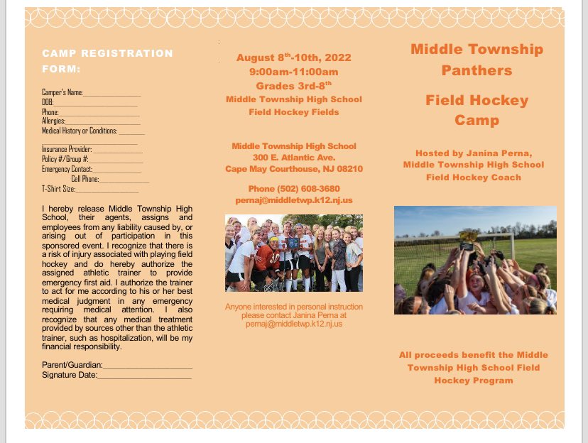 MiddleFHockey's tweet photo. We are thrilled to host our 5th annual youth camp this summer! The camp is open to players entering 3-8th grade. To register please print the below brochure and mail in registration form with payment to the listed address. Any questions can be sent to pernaj@middletwp.k12.nj.us https://t.co/tJMVDUkFFJ