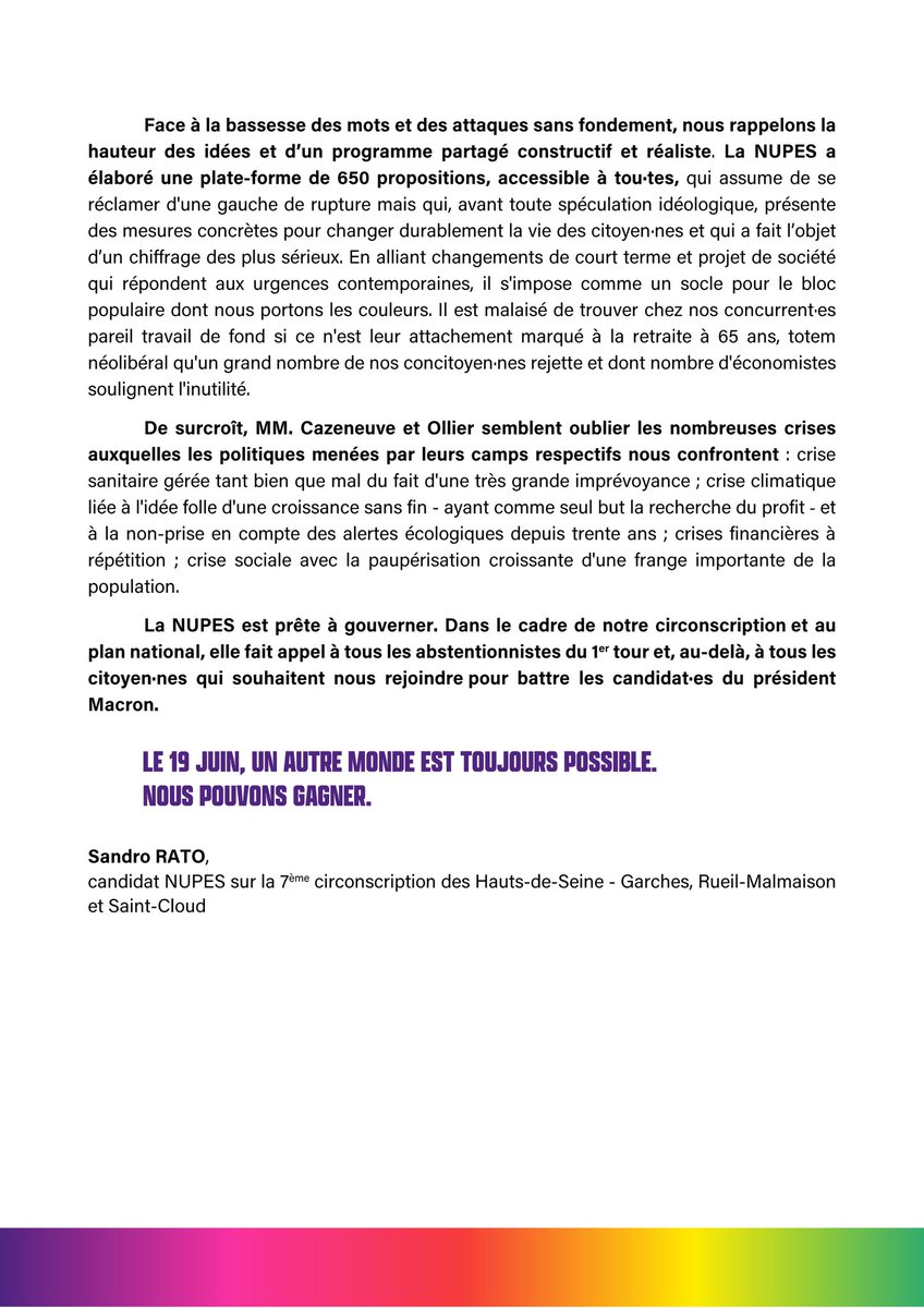 [COMMUNIQUÉ DE PRESSE]

Notre qualification au 2nd tour des élections législatives dans la #circo9207 fait souffler un vent de panique sur la droite.

Notre candidat #NUPES, @RatoSandro, réagit aux propos indignes de Patrick Ollier, maire LR de Rueil-Malmaison.

Mobilisons-nous !