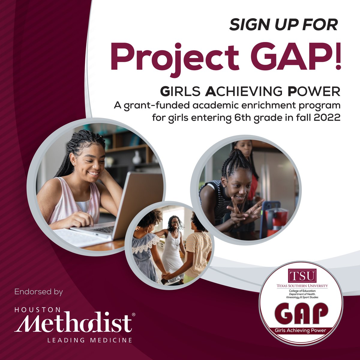 Area 6th-grade girls are invited to a FREE year-round, academic enrichment program - Girls Achieving Power (GAP) at TSU. It begins with a 4-week (July 5-29) in-person program. Limited space - sign up now tsu.edu/GAP. Thanks <a href="/MethodistHosp/">Houston Methodist</a> for your support! #TSUProud