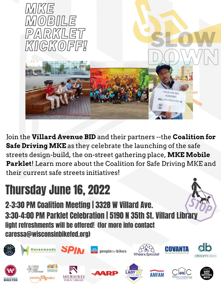 milwaukeedpw's tweet photo. Join our partners @BikeFed, @VillardBID, and Coalition for Safe Driving MKE in launching the MKE Mobile Parklet tomorrow from 3:30 - 4:00 pm in front of @MilwaukeePubLib Villard Library! https://t.co/iXxpF5dZqB