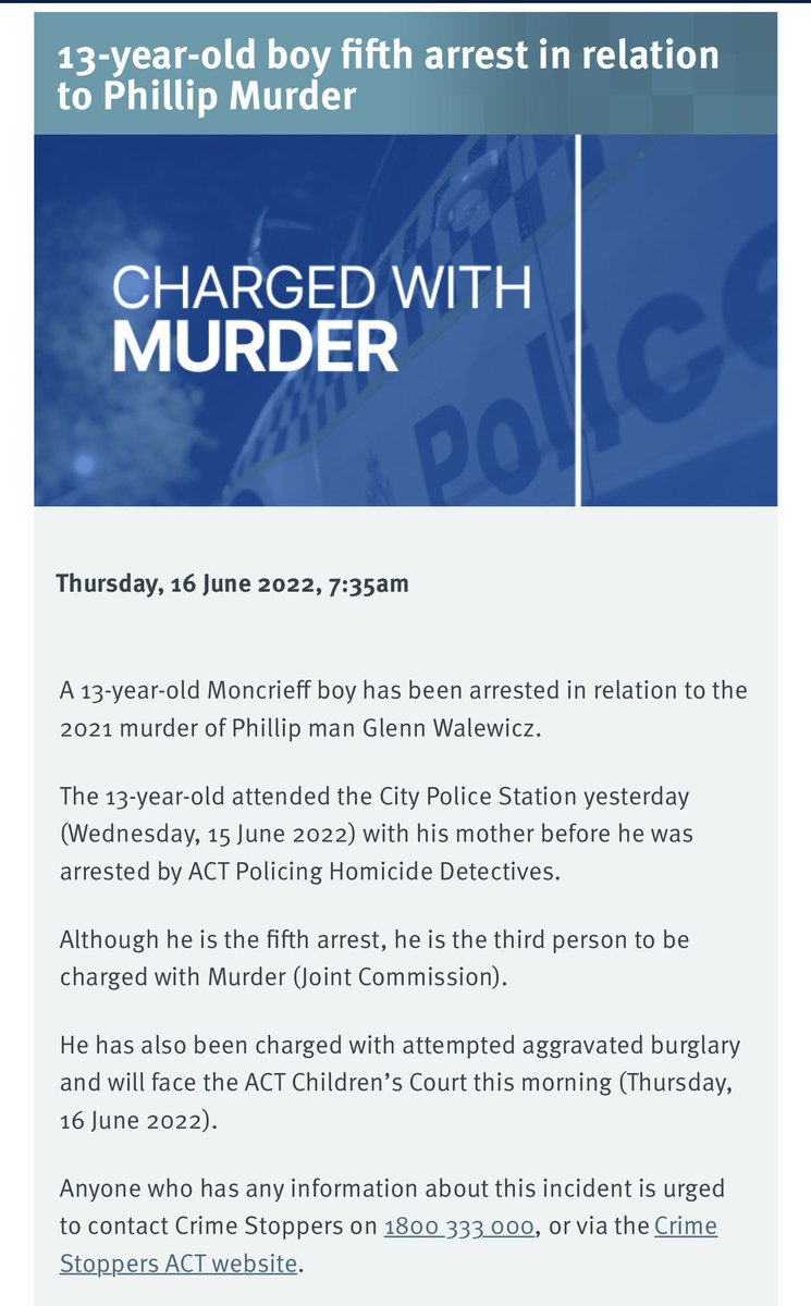 BREAKING: 13 year old CANBERRA boy charged with murder.