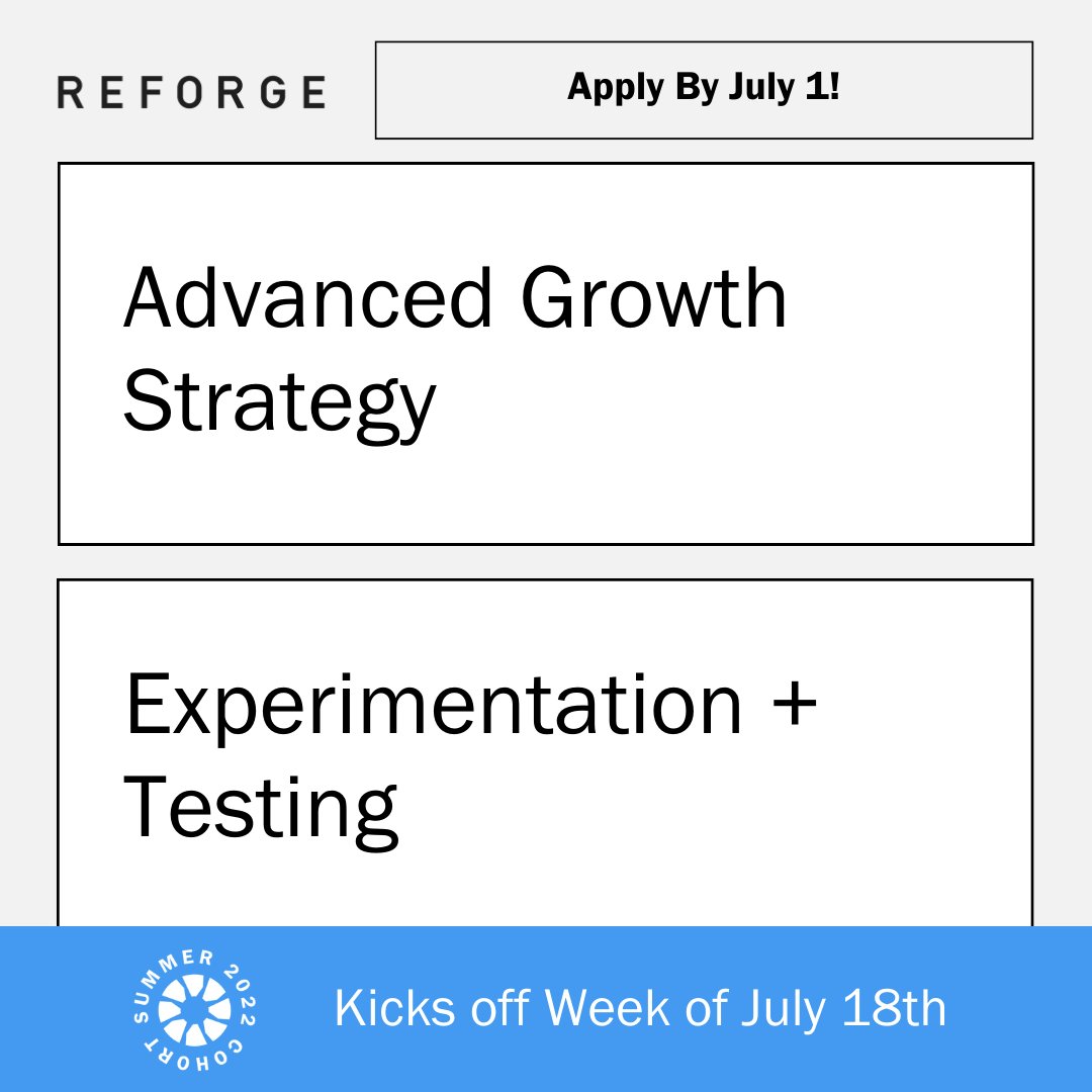 📣 Big news! As an EIR @Reforge, I’ll be leading Advanced Growth Strategy and Experimentation+ Testing in the Summer Cohort! If you’re in tech and want to make a big impact,  Reforge membership is for you. Apply by July 1. Learn more: program.reforge.com/apply?utm_sour…