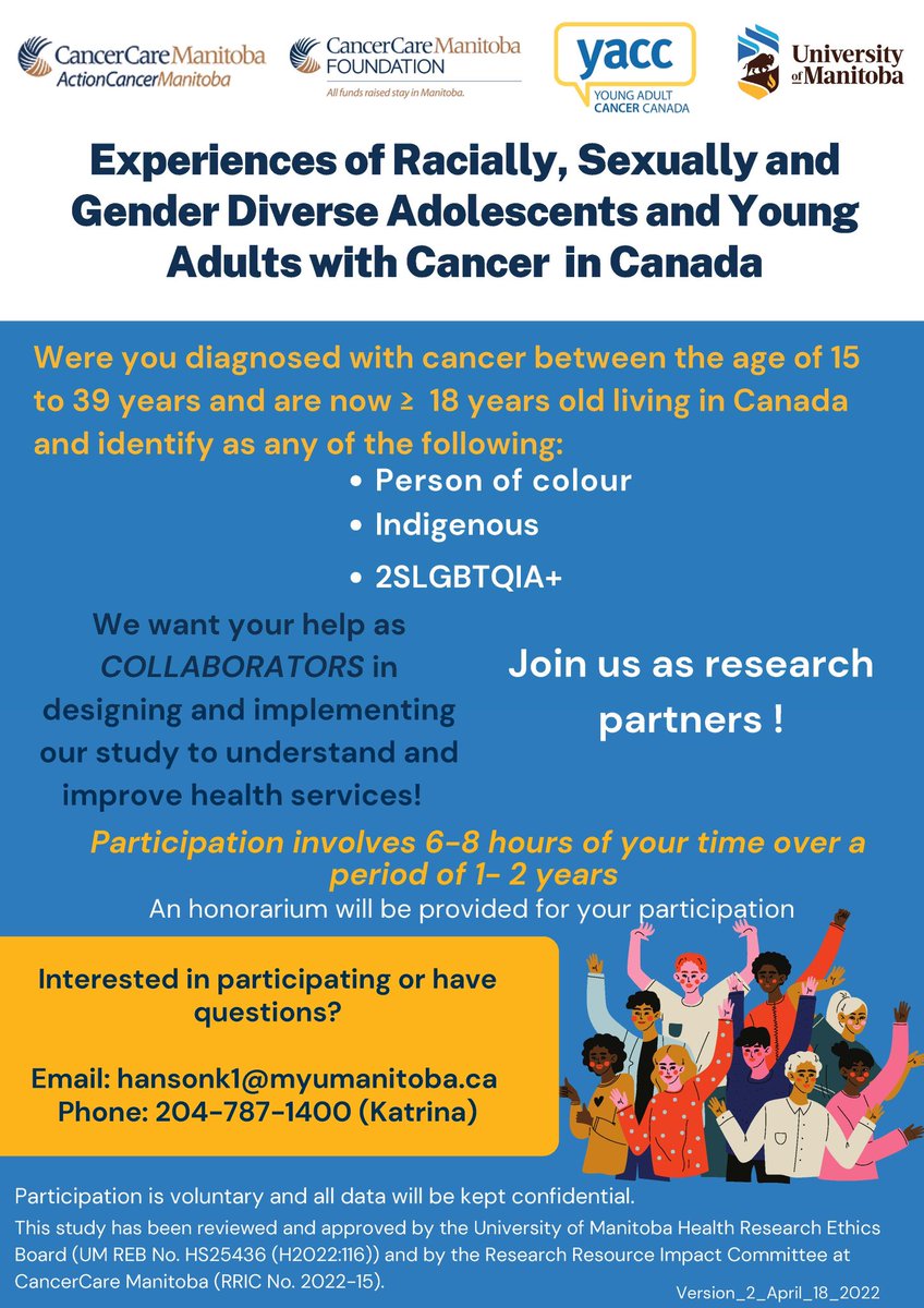 Sapna Oberoi (She/her) (@sapna_pho) on Twitter photo We’re looking for patient partners for a research study to understand the experiences and improve health services for #indigenous, person of colour or #2SLGBTQIA+#AYAs with #cancer <a href="/yacancercanada/">YACC</a> <a href="/QueeringCancer/">Queering Cancer</a> <a href="/EK_Drake/">Dr. Emily Drake</a> <a href="/CancerCareMBFdn/">CancerCare Manitoba Foundation</a> <a href="/TeamShan/">Team Shan (Lorna Larsen)</a> <a href="/LivingBeyondBC/">Living Beyond Breast Cancer</a> <a href="/ayacan_cancer/">AYACan.cancer</a> We’re looking for patient partners for a research study to understand the experiences and improve health services for #indigenous, person of colour or #2SLGBTQIA+#AYAs with #cancer <a href="/yacancercanada/">YACC</a> <a href="/QueeringCancer/">Queering Cancer</a> <a href="/EK_Drake/">Dr. Emily Drake</a> <a href="/CancerCareMBFdn/">CancerCare Manitoba Foundation</a> <a href="/TeamShan/">Team Shan (Lorna Larsen)</a> <a href="/LivingBeyondBC/">Living Beyond Breast Cancer</a> <a href="/ayacan_cancer/">AYACan.cancer</a>