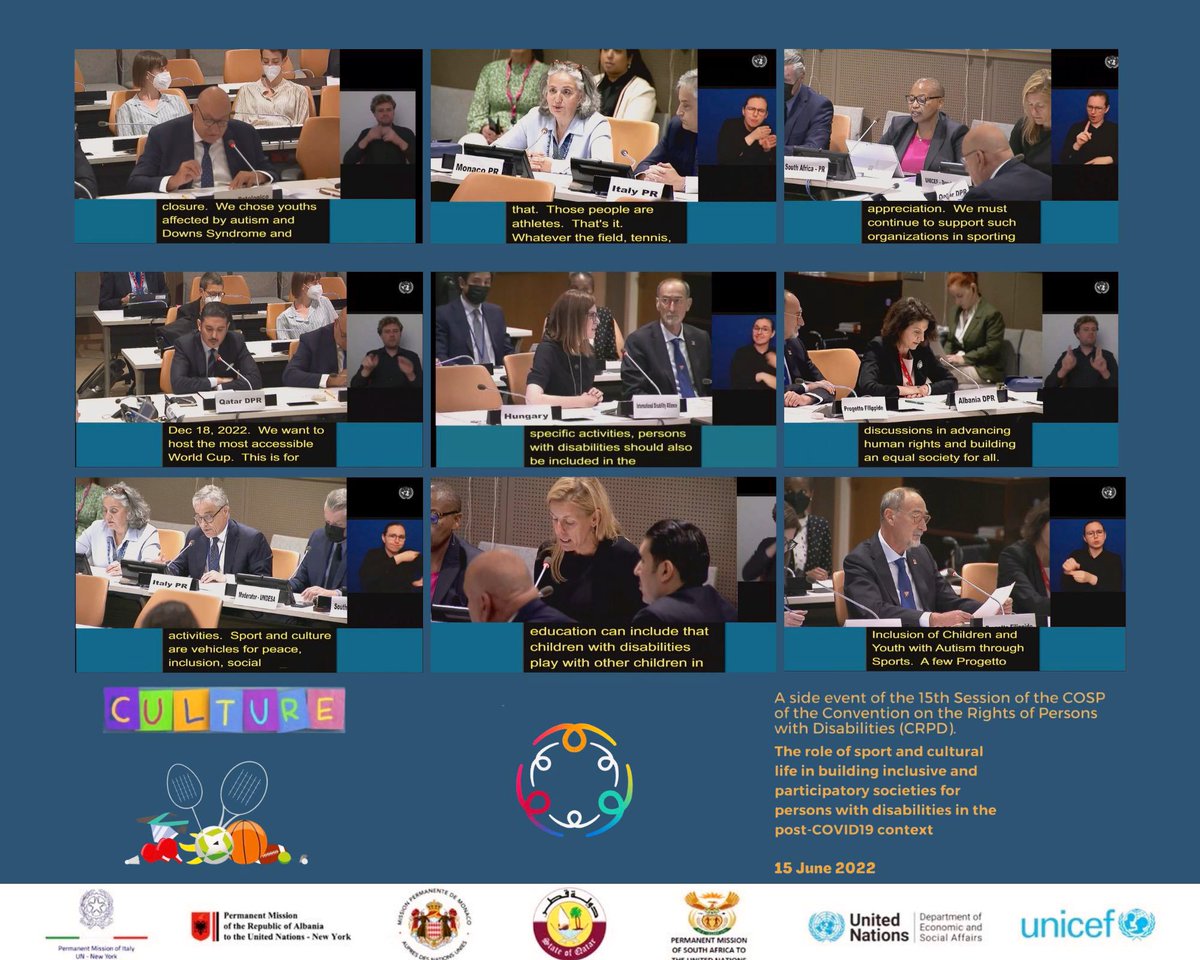 ItalyUN_NY's tweet photo. Warmest thanks 🙏 to all the panelists &amp; hundreds of participants in today’s event on sport &amp; culture for #disability inclusion 🏀🏓🎭
 
🇮🇹🇦🇱🇲🇨🇶🇦🇿🇦partnered with @UNDESA @UNICEF at #COSP15 #CRPD for achieving a 🌍 with #EveryoneIncluded https://t.co/GbadiLNzVx