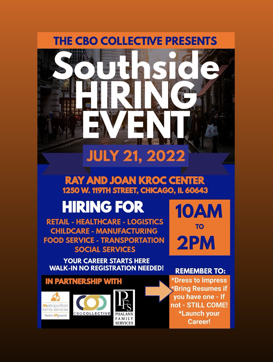 Southside we are coming to you.  In partnership with <a href="/MetroFamChicago/">MetroFamily Services</a> &amp; <a href="/phalanxfam/">Phalanx Family Services</a> on Thursday, July 21, 2022 from 10 am to 2 pm we will have employers onsite ready to make same day offers. Make sure to share this with your networks. #employment #hiring