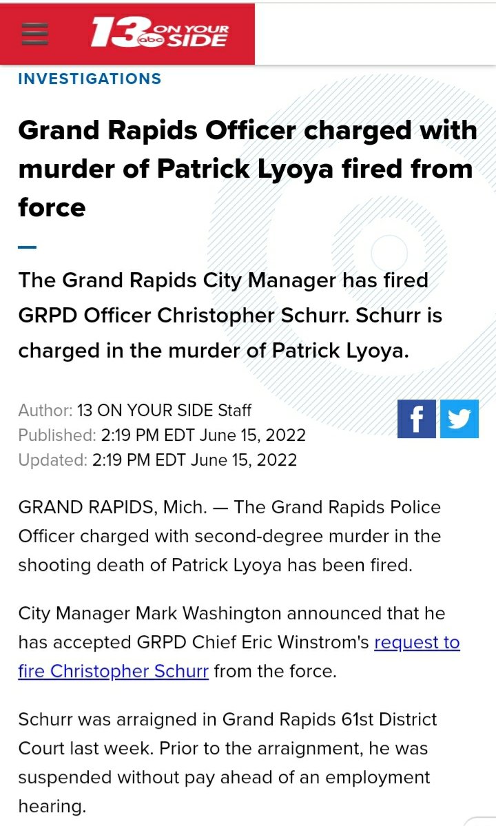 WeWinUnited's tweet photo. Necessary for justice's sake. What's extremely surprising is the article that states that he was suspended WITHOUT pay prior to. This should happen more often in situations like this. #JusticeForPatrick #JusticeForPatrickLyoya https://t.co/1o1hNBQnYf