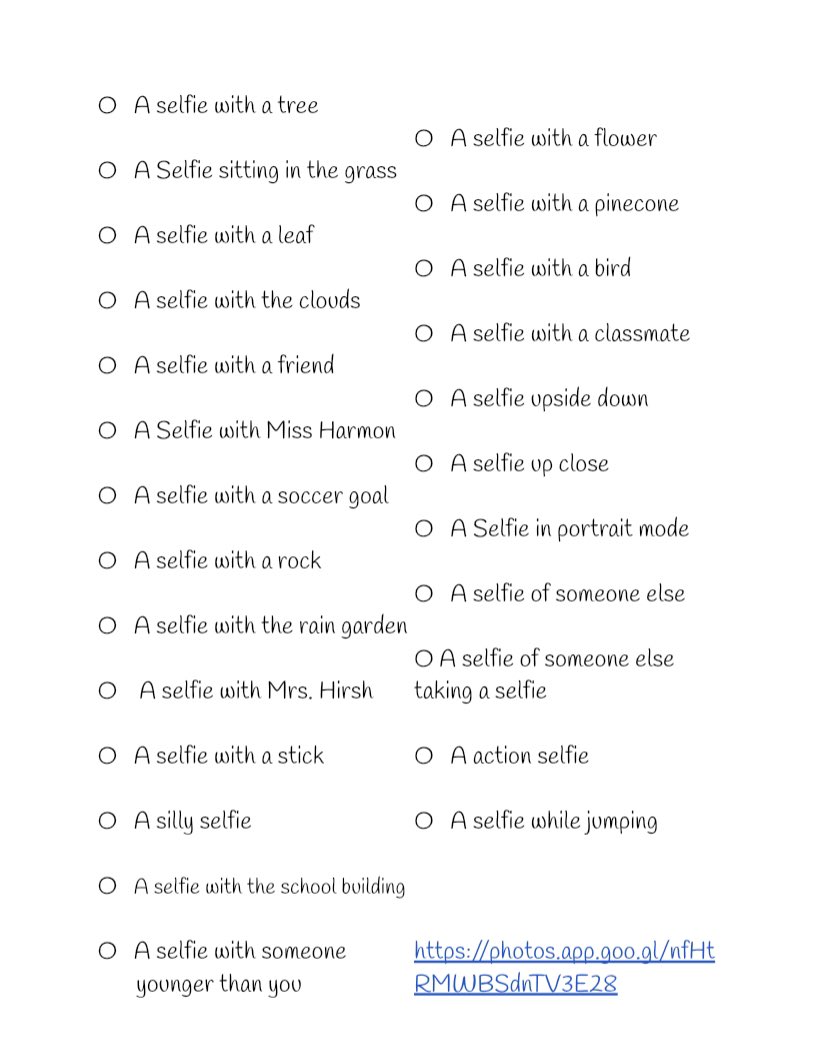 For our last full day of class, we went outside for a Selfie Scavenger hunt! 

Students had a checklist of things to take a selfie with outside, paired with a taste of the summer weather ☀️

What a great final bonding experience with classmates! List shown below 💚🐝
