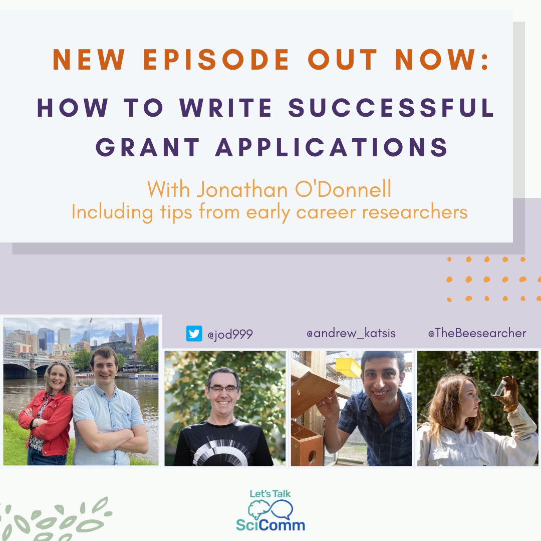🚨🚨 Got grants to write? Keen to improve your chances of success? We're very excited about this week's episode featuring brilliant #scicomm advice from @scimelb & @researchwhisper's @jod999 & our @UniMelbscicomm alum @andrew_katsis & @TheBeesearcher. anchor.fm/letstalkscicom…