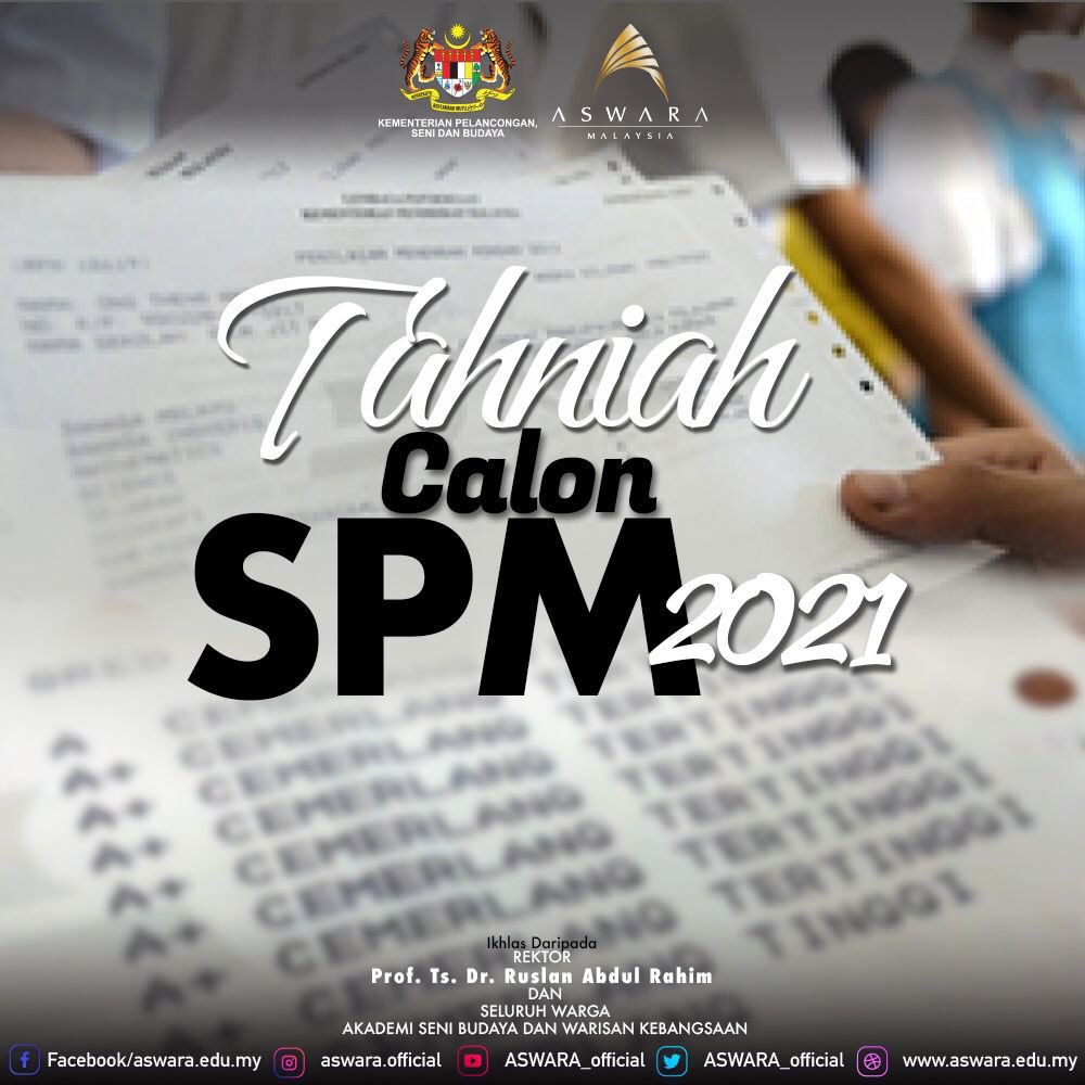 Tahniah diucapkan kepada semua calon SPM 2021 diatas kejayaan dan kecemerlangan dalam keputusan. 💯

✏️Justeru itu, ASWARA menawarkan laluan kecemerlangan pengajian tinggi dalam bidang seni dan budaya. Pautan  seperti di bawah:

🔗sms.aswara.edu.my/aswaraweb/

#spm2021
#aswara