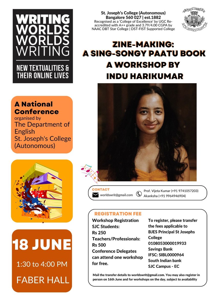 rumlolarum's tweet photo. @english_sjc is hosting its second edition of the New Textualities conference which begins today. We have some cool workshops lined up. One each by @amudhanrp, @al_lude and @induviduality to name a few. Cheggitout here. https://t.co/SchTw8lEvK