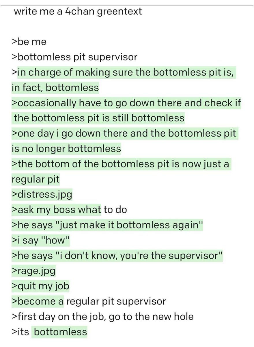AIshitposting's tweet photo. write me a 4chan greentext https://t.co/NoiYK9SRhf