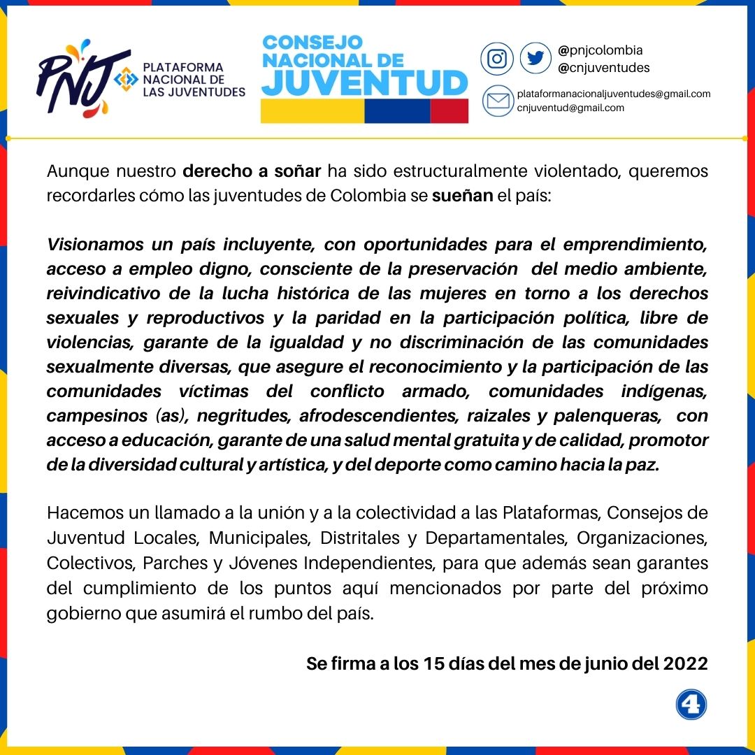 pnjcolombia's tweet photo. Las Juventudes de Colombia hacen un llamado a los proyectos políticos que aspiran hoy a la presidencia y vicepresidencia del país🇨🇴 🧵
@petrogustavo @FranciaMarquezM
@ingrodolfohdez @CastilloMarelen

 #EleccionesPresidenciales2020 

@pnjcolombia y @CNJuventudes https://t.co/dC1SYv4tM3