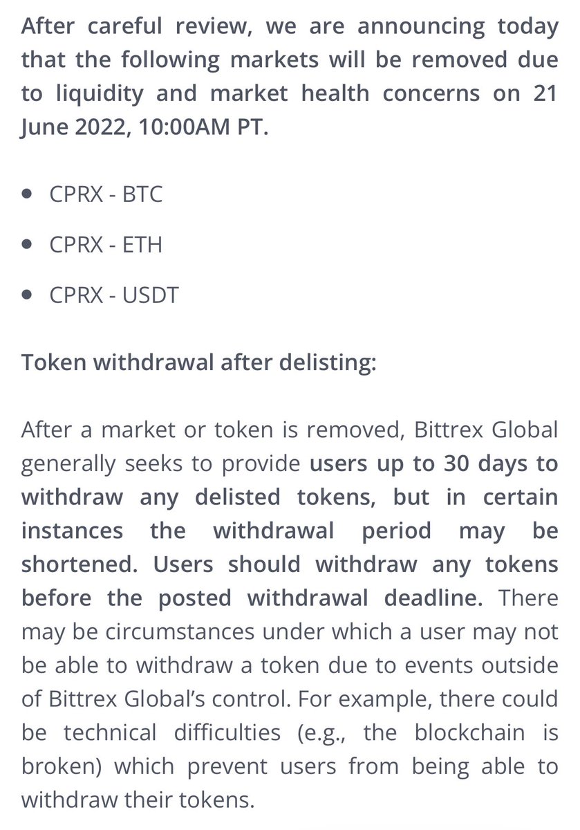 CPRXtothemoon's tweet photo. Due to the delisting of $CPRX on Bittrex that affects the trading of the said token, Abra will pause #CPRX from buying, selling, and withdrawals. 

Abra is migrating to a new liquidity partner so this is about their backend and effects everything.

Notice: https://t.co/bAtwqGz2rb https://t.co/knxEeXnzpw