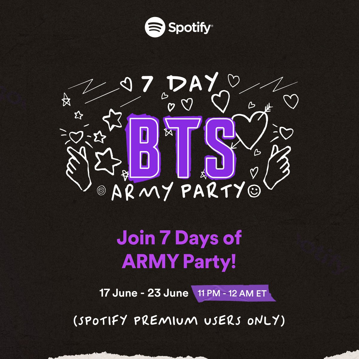 It’s official, ARMY. Proof era just got more exciting with our #7DayARMYParty 💜 Listen to a new, curated BTS playlist everyday from June 17-23 on 7dayarmyparty.byspotify.com 

#7DayARMYParty #SpotifyPurpleU #SpotifyxBTS