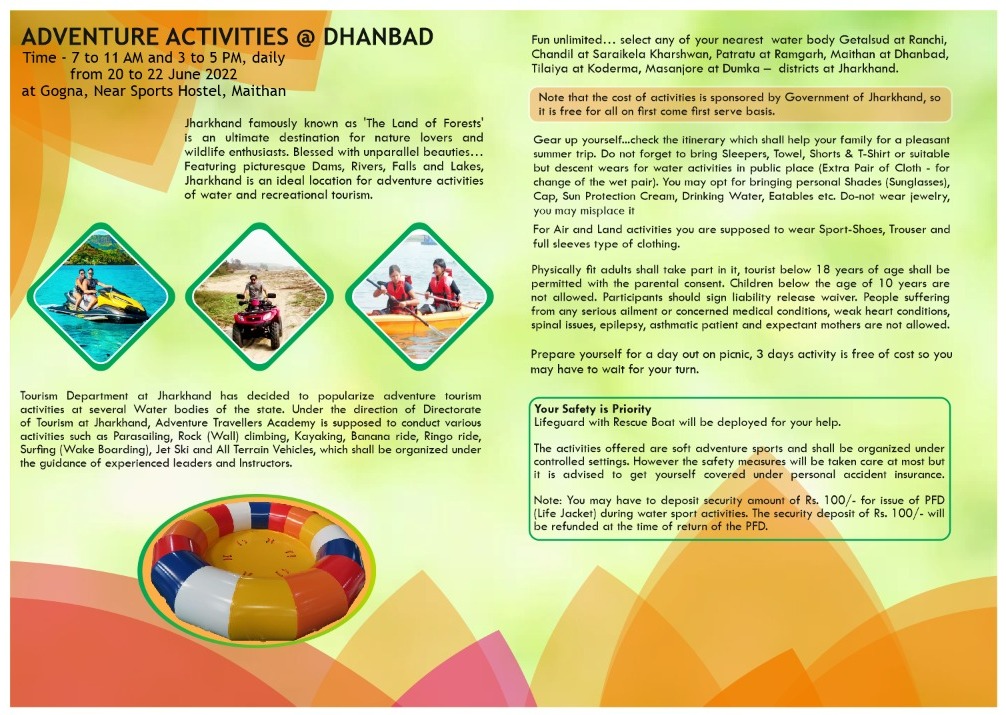 VisitJharkhand's tweet photo. Adventure tourism activities are, organised by Jharkhand Tourism and conducted by Adventure Travellers Academy, at Dhanbad, Maithon dam from 20th to 22nd .
These are FREE OF COST.
We request you to be a part of this adventure trail and enjoy the activities to the fullest. https://t.co/l08r3Bt7O4