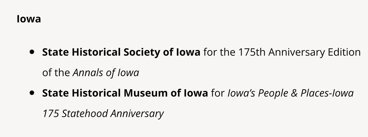 StateCuratorIA's tweet photo. Congratulations to colleague @aklumpp for his work of #Iowa175 Annals of Iowa receiving an Award of Excellence from @AASLH. Proud of our @IowaMuseum team for our work on Iowa175 programs/exhibits earning recognition. All awards here, https://t.co/omBks0AnXA @IowaCulture @MwHWG https://t.co/l6lOJNmkav