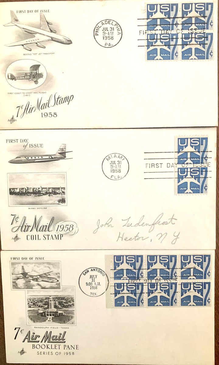 jeepsrule2021's tweet photo. Three “different “stamps, three different cities, same date. First Day of issue ceremonies used to be such a big thing. It was so exciting to receive the envelopes in the mail!!

#philately #philatelist #firstdaycovers #airmail #coilstamps #plateblocks https://t.co/SLZg1tup59