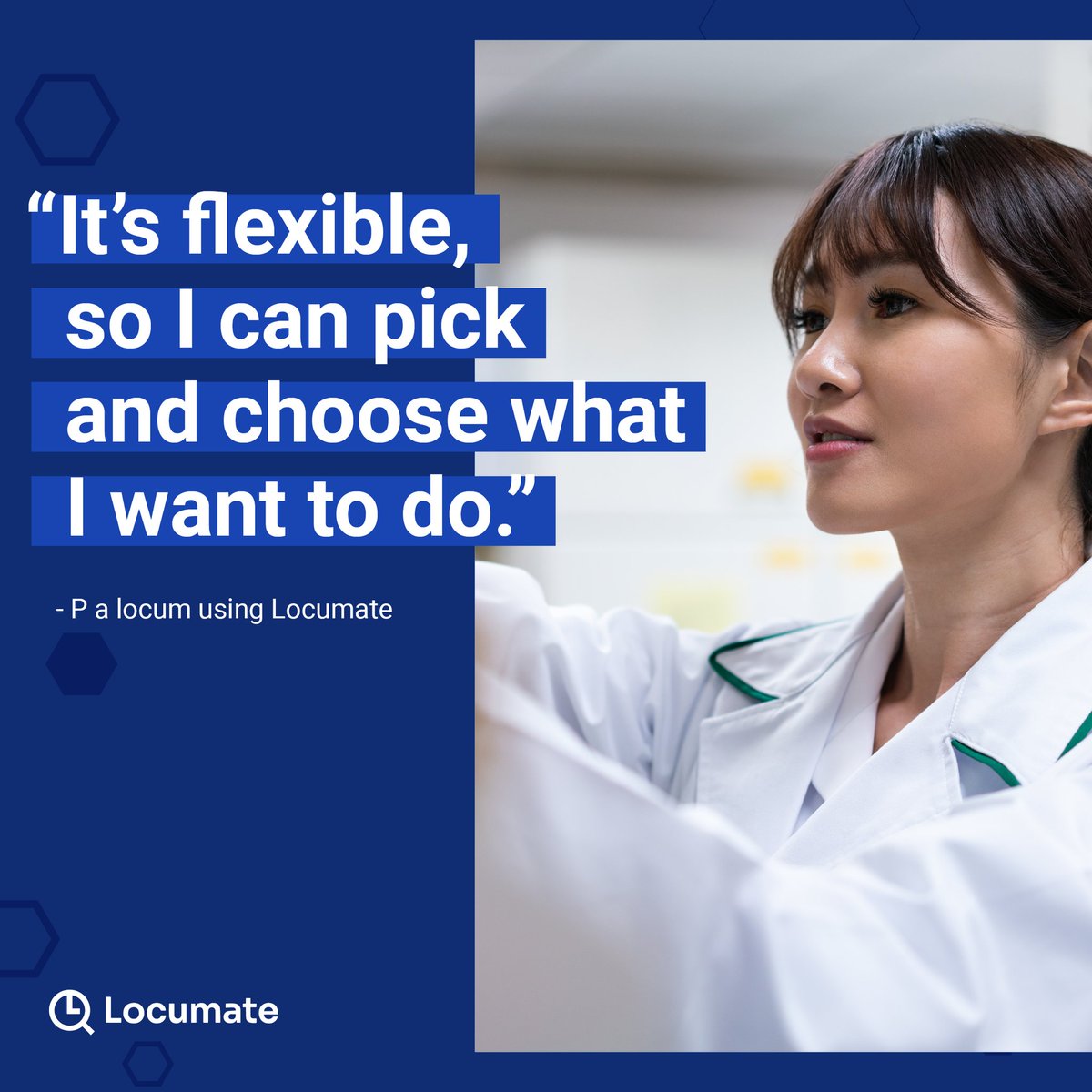 locumate's tweet photo. “It’s flexible, so I can pick and choose what I want to do. You’re not locked in to 9am - 5pm Monday - Friday life. I think the app is really convenient, it’s just clicking buttons! Invoicing is easy, you just submit your timesheet and it’s all streamlined. I'd high recommend!" https://t.co/rq4EmEWHj8