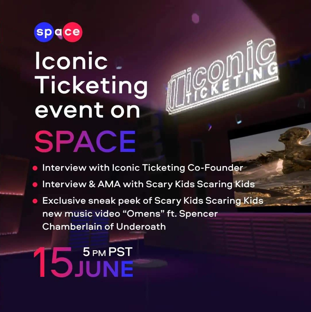 tonight the kill iconic metaverse is going live at 5 pm PST via Space. there will be an interview with <a href="/SKSKofficial/">SCARY KIDS SCARING KIDS</a> and a sneak peek of the music video for their song "Omens." the link will be in our bio before the event starts.
#killiconic #killiconicrecords #iconicticketing