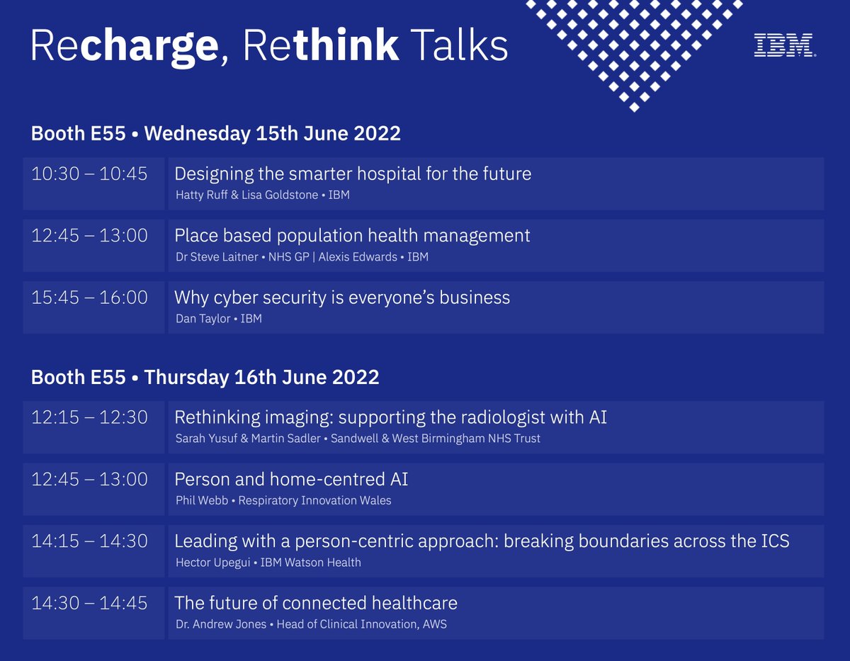 TheEmilyPercy's tweet image. Time to Rethink, Refuel, and Recharge. Join us on the @IBMUKI booth E55 at #NHSConfedExpo for our third #Rethink talk! At 14:30 Dr Andrew Jones @awscloud will be igniting the conversation around the future of connected healthcare. #IBMUK #IBMConfed22