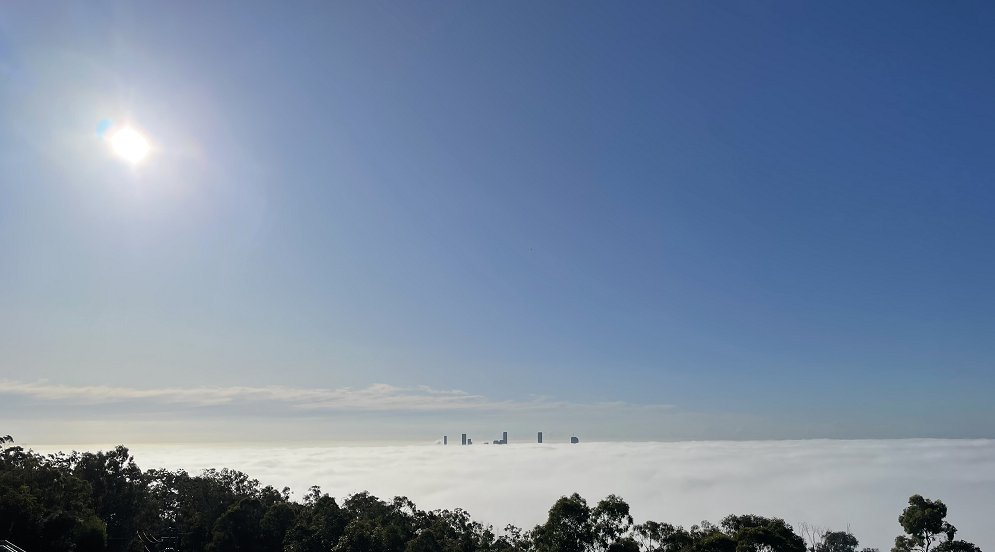 BOM_Qld's tweet photo. 👀🌫️ We see you, #Brisbane.  One of our forecasters snapped this photo of the city shrouded in #fog from Mt Coot-Tha this morning.  The fog should lift to reveal a beautiful sunny day in the next hour or two ☀️. https://t.co/N2f2YaZepe