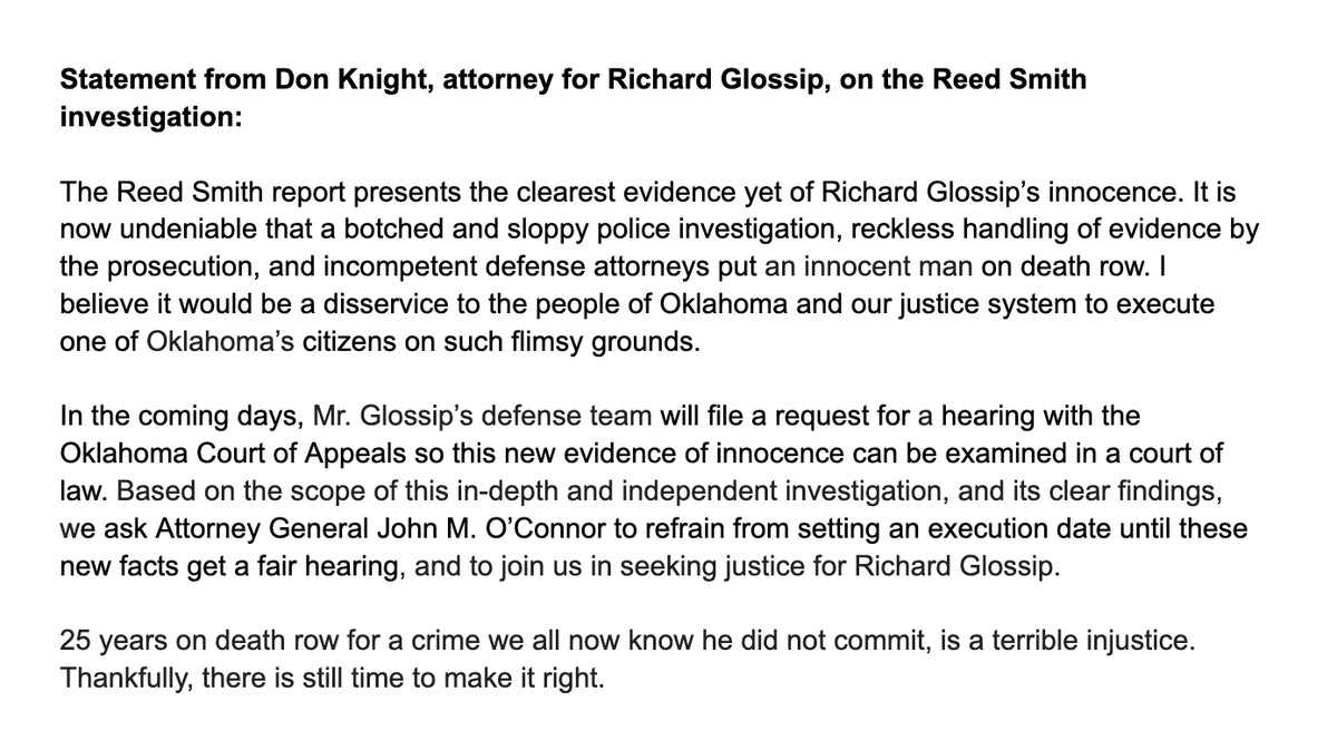 Statement from Don Knight, attorney for Richard Glossip, on the Reed Smith investigation