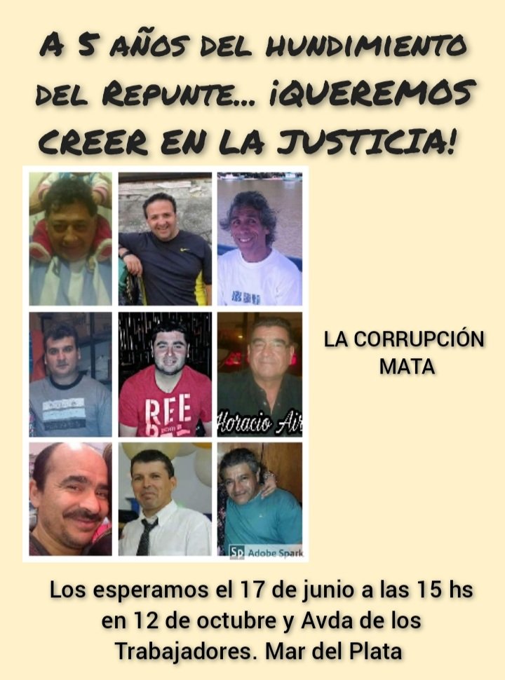 RepuntePresente's tweet image. El viernes 17 se cumplen 5 años del hundimiento del Repunte. Estaremos a las 15 hs en el Monumento a los Pescadores. Seguimos reclamando Justicia. El Repunte no fue el 1ero ni el último hundimiento y no podemos seguir permitiendo que sigan pasando estás tragedias evitables.