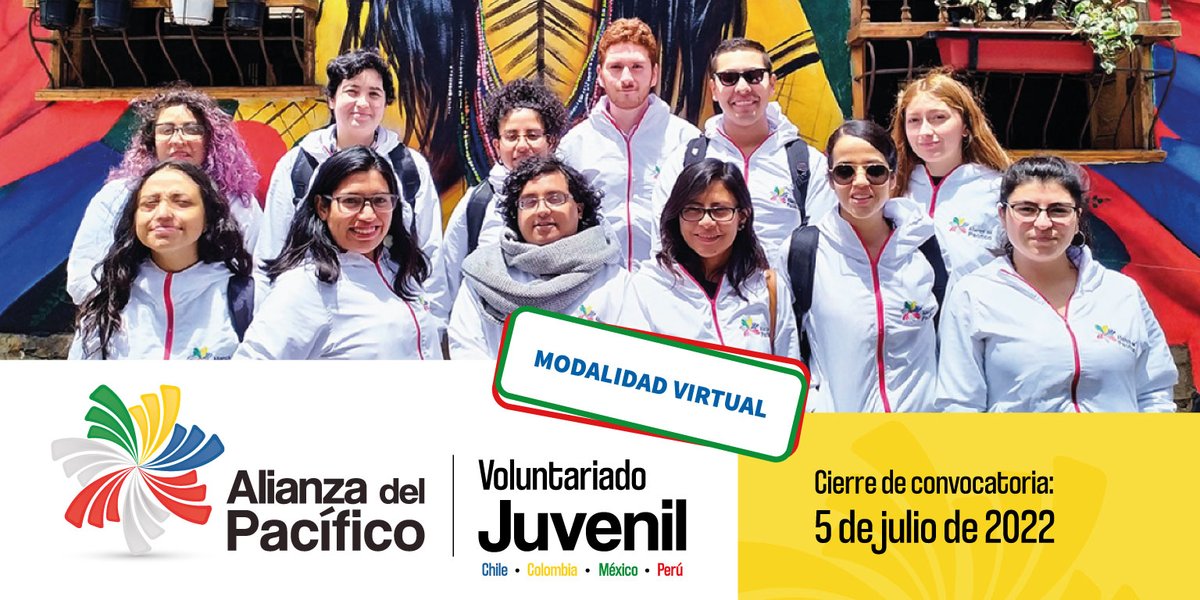 🙋🏾¡Buscamos fomentar conductas solidarias en las personas jóvenes, que impacten positivamente en la sociedad! Postula al programa de Voluntariado Juvenil de la #AlianzaDelPacífico y vive una experiencia de integración con jóvenes de 🇨🇱🇨🇴🇲🇽🇵🇪.
Convocatoria: voluntariado.alianzapacifico.net