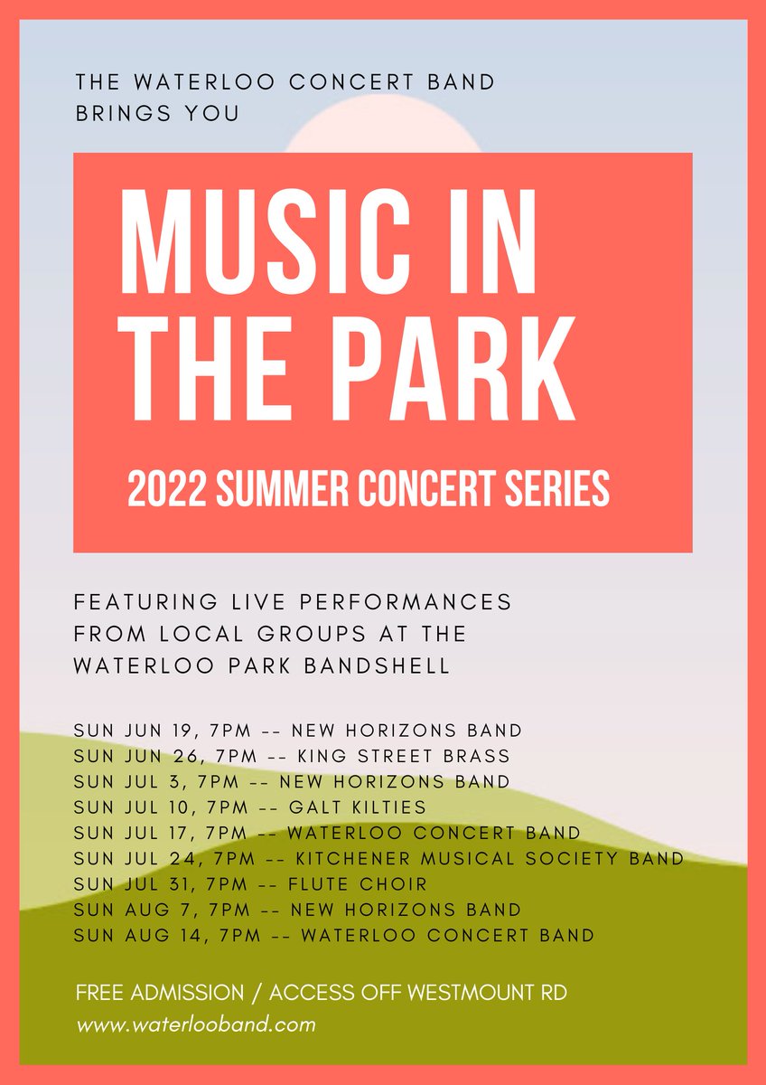 WaterlooBand's tweet image. Summer Concert Series starts this Sunday Jun 19 @OurWaterlooPark bandshell at 7pm! Catch a new band every week until Aug 14. It's free - bring a lawn chair or picnic blanket and enjoy! goo.gl/maps/o7TeX7Zni… #kwawesome