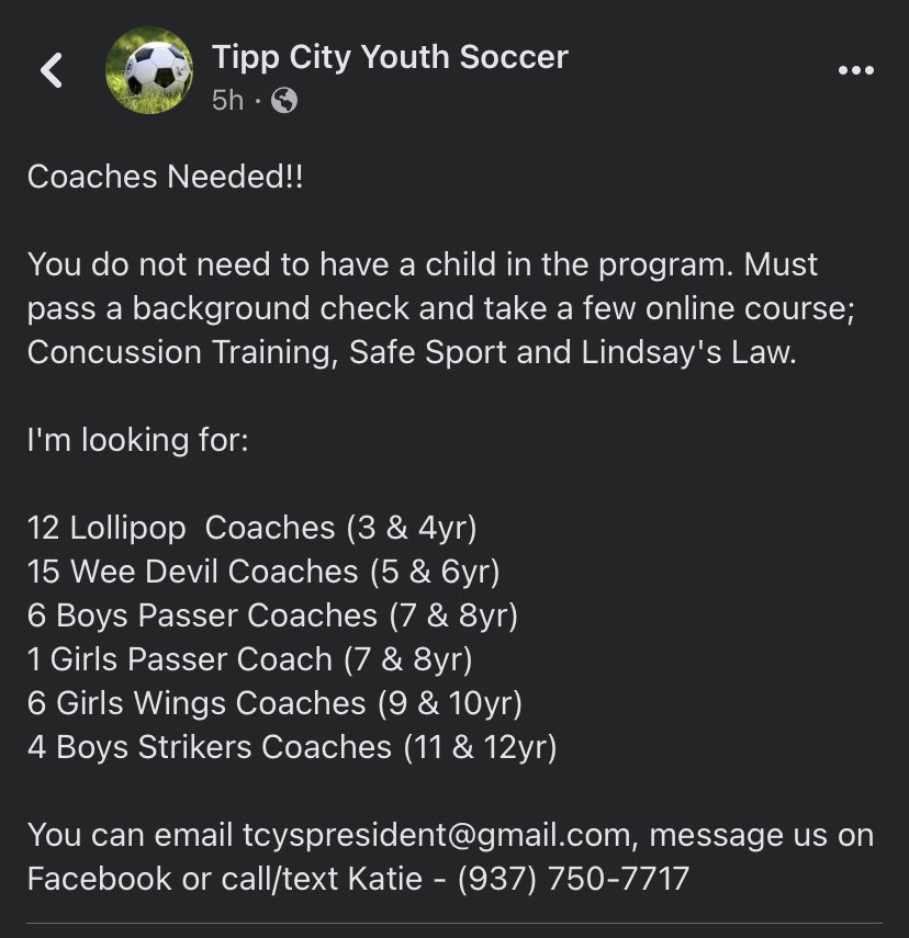 The Tipp City Youth soccer program needs coaches! We have such a great soccer community, let’s help support these teams with some great coaches!