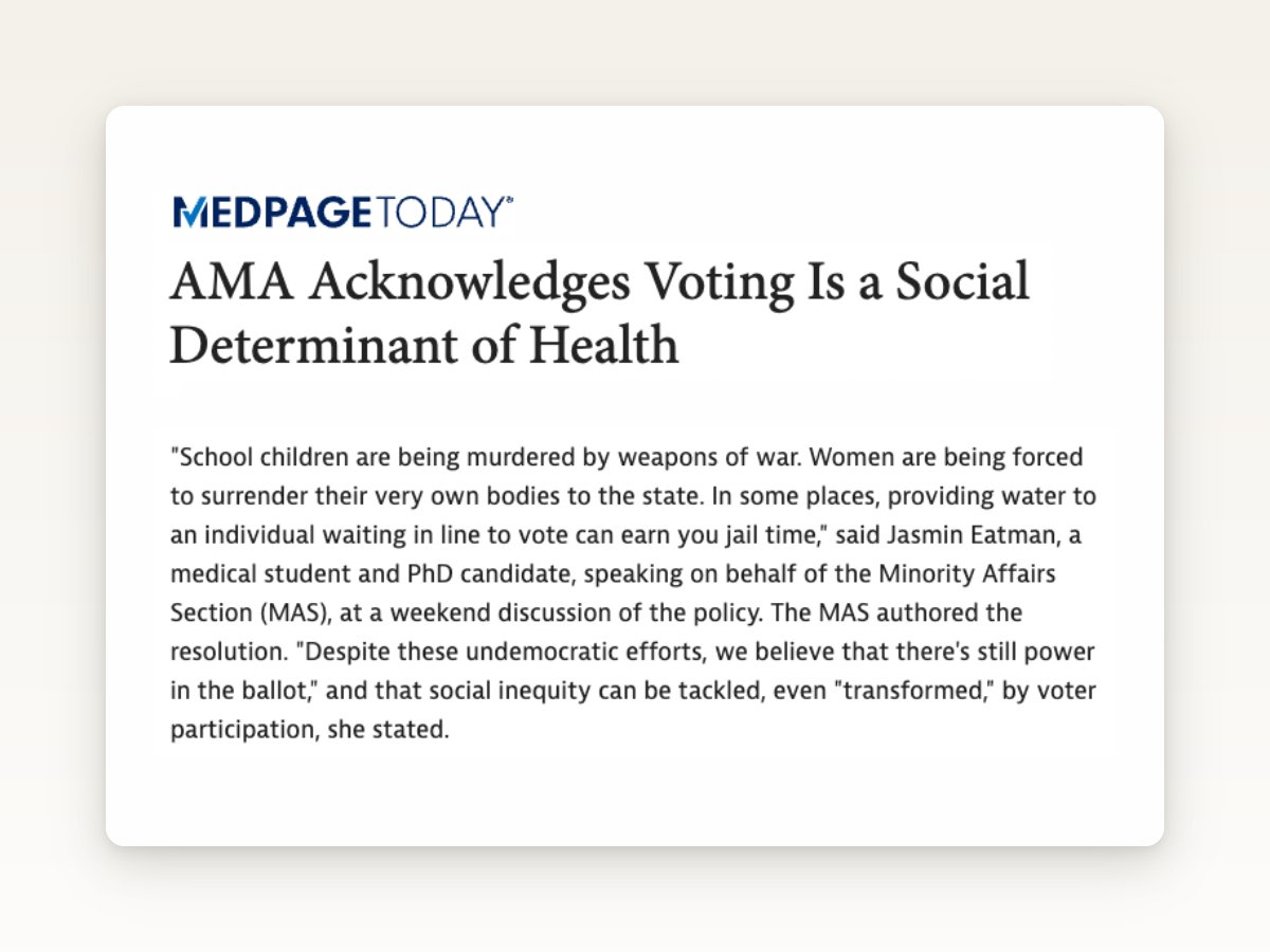 Vot-ER (@vot_er_org) on Twitter photo "We believe that there's still POWER in the BALLOT."
Don't mind us, we're just shouting Jasmin Eatman's words from the rooftops! 📣 🥳
Read about the AMA recognizing voting as a #SDoH in <a href="/medpagetoday/">MedPage Today</a>: share.vot-er.org/ama-medpage "We believe that there's still POWER in the BALLOT."
Don't mind us, we're just shouting Jasmin Eatman's words from the rooftops! 📣 🥳
Read about the AMA recognizing voting as a #SDoH in <a href="/medpagetoday/">MedPage Today</a>: share.vot-er.org/ama-medpage