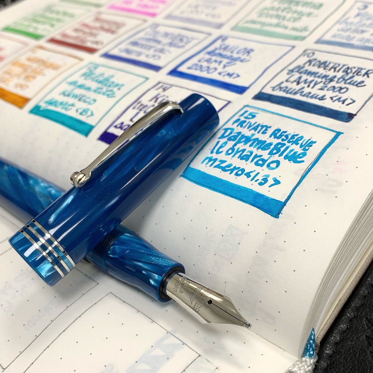 InkJournal's tweet photo. Halfway done with this nonsense. π Day 15 of #30inks30days is Private Reserve Daphne Blue in a Leonardo Momento Zero Mediterranean Celluloid #fountainpen in a 1.3mm stub nib.
.
.
#leonardopen #fountainpen #handwritingchallenge #writingchallenge #fountainpenink #journaling https://t.co/S8SoEzN0SX