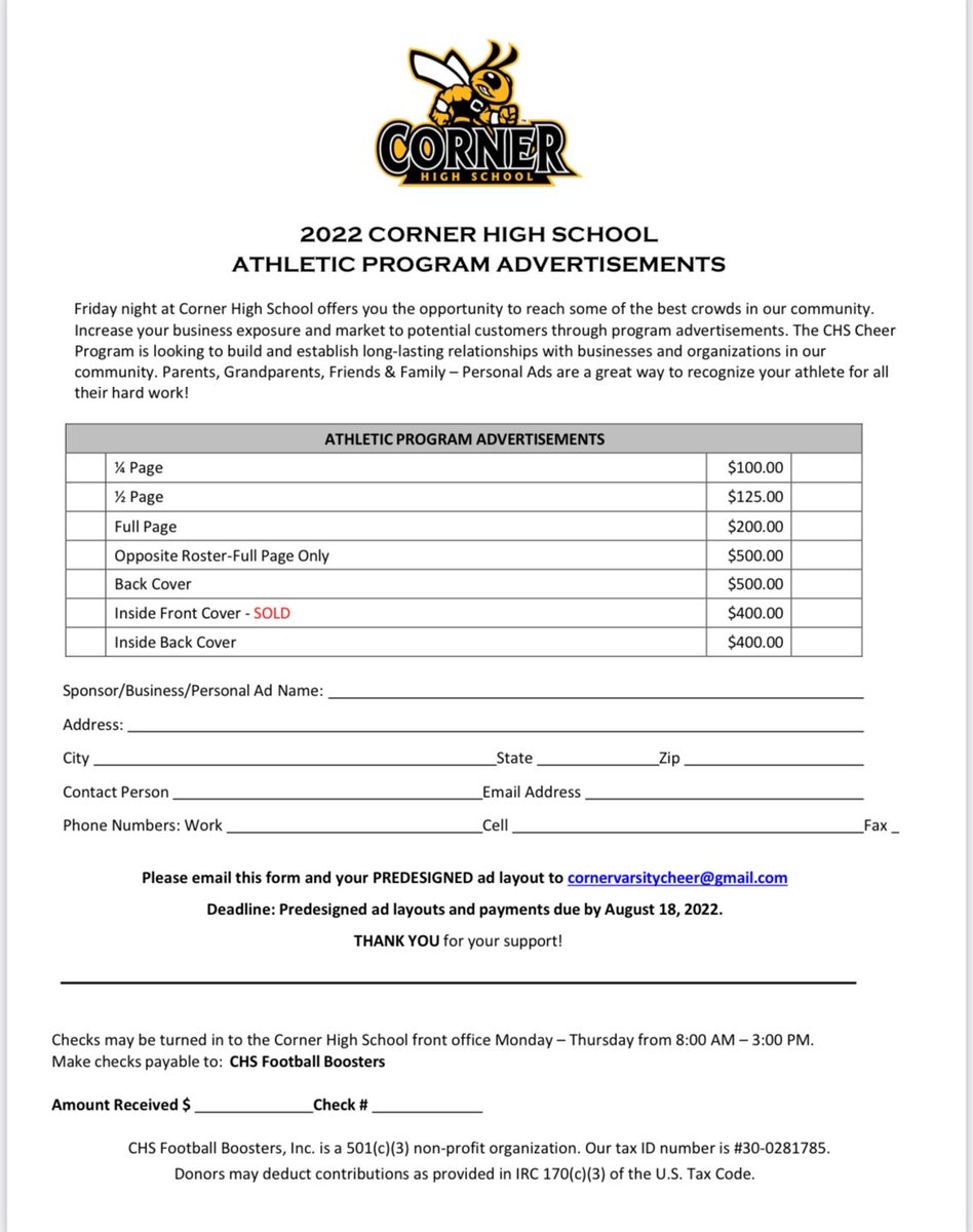 Athletic Program Ads are currently for sale. Please email cornervarsitycheer@gmail.com to get details or submit your ad.