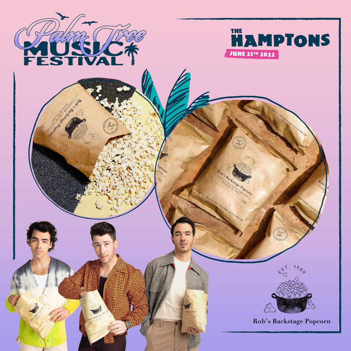 Born backstage with the @jonasbrothers and now available nationwide!

Come grab a bag of @robspopcorn in the VIP section at #PalmTreeFestival in The Hamptons!