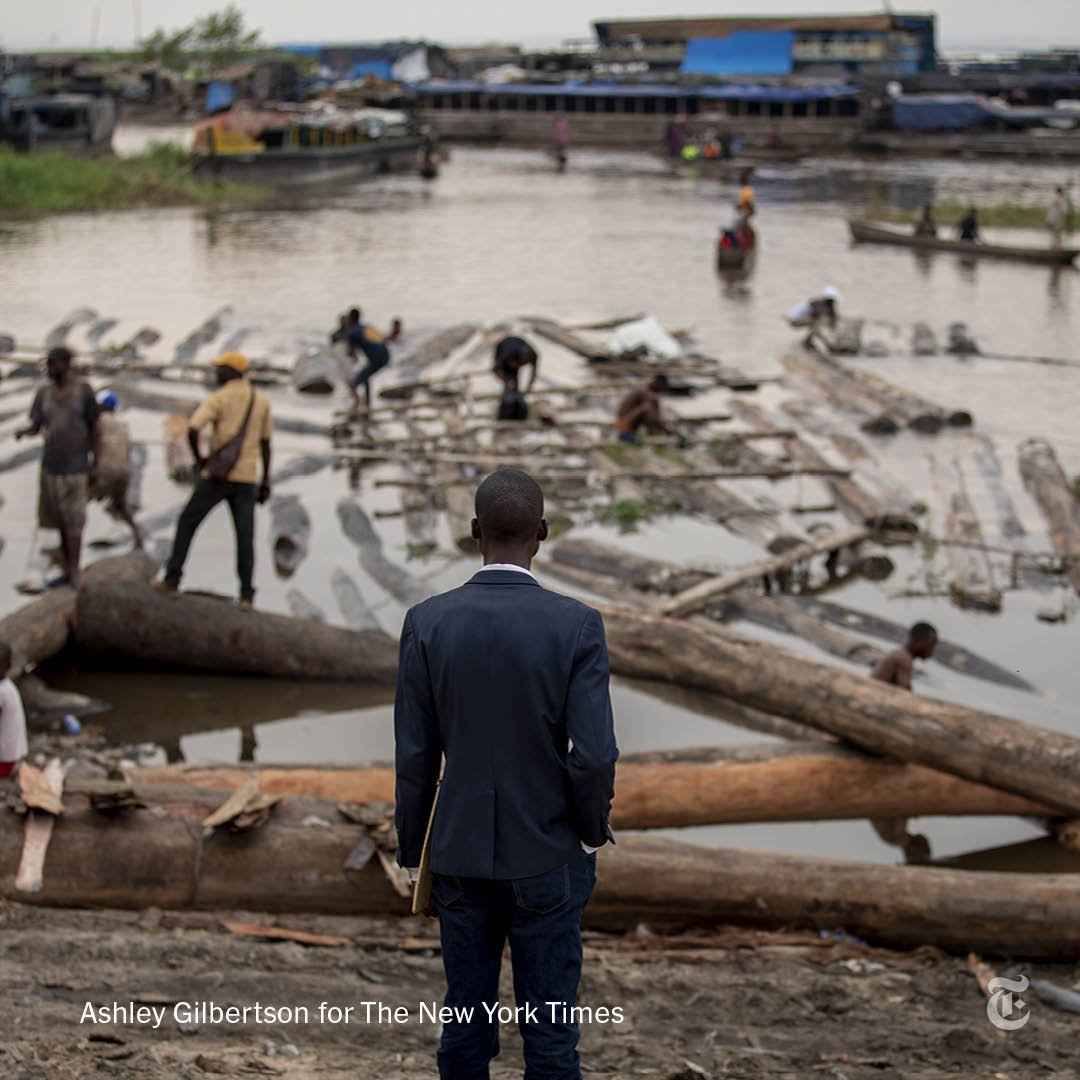 nytimes's tweet photo. The Congo River has become a highway for sprawling fleets of logs. Crews live aboard rafts for a sliver of profit from the dismantling of the Congo Basin rainforest, which is vital as a defense against climate change. https://t.co/uJ53PGH0JO https://t.co/B9bLxA7lHo