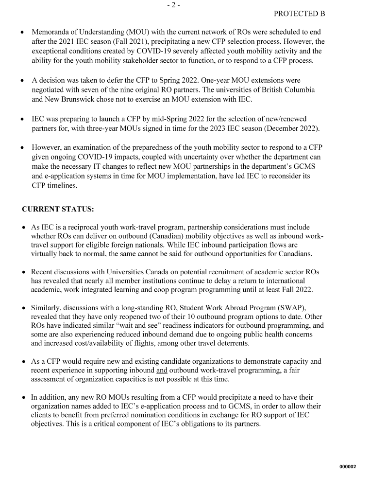 smeurrens's tweet photo. IRCC Memorandum to the Deputy Minister regarding the deferral of a planned Call for Proposals to recruit new Recognized Organizations in the International Experience Canada program until the Spring of 2023. https://t.co/g462lMUnMN