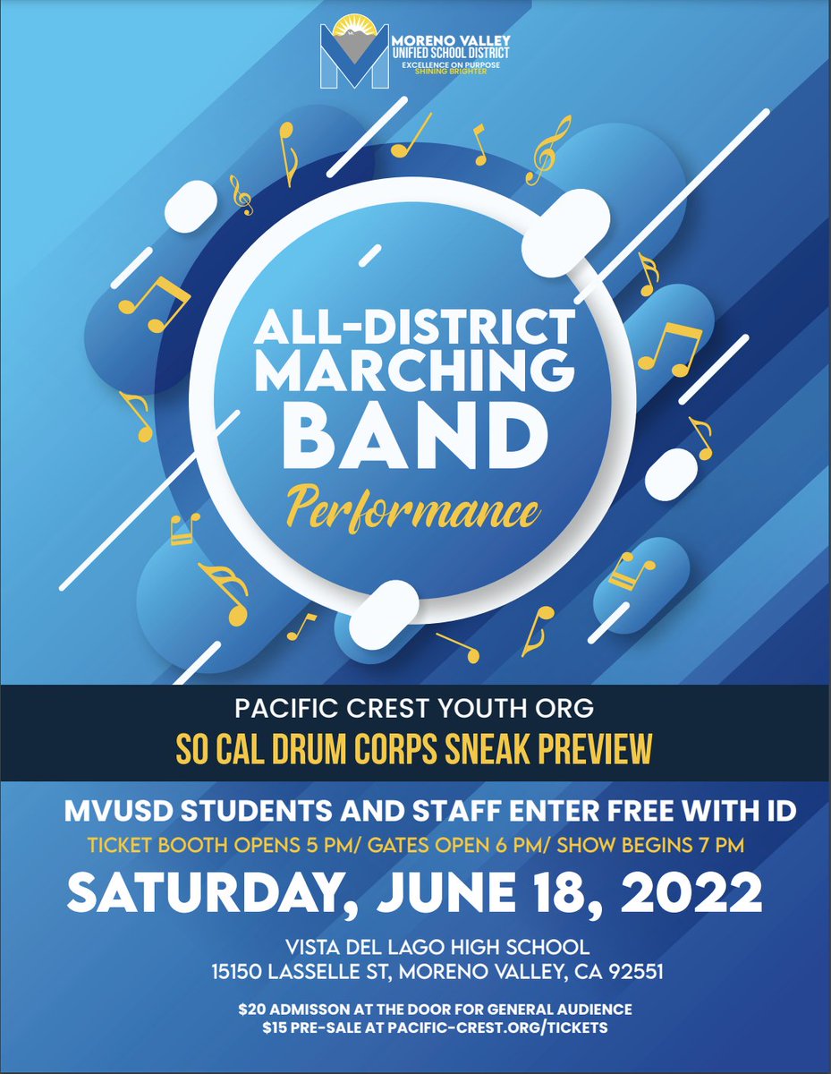 Please join us this Saturday, June 18, for the All- District Marching Band Performance at the Pacific Crest So Cal Drum Corps Sneak Preview Event. Entrance is free for all MVUSD students and staff. Come support your fellow students!🎼🎵🎶