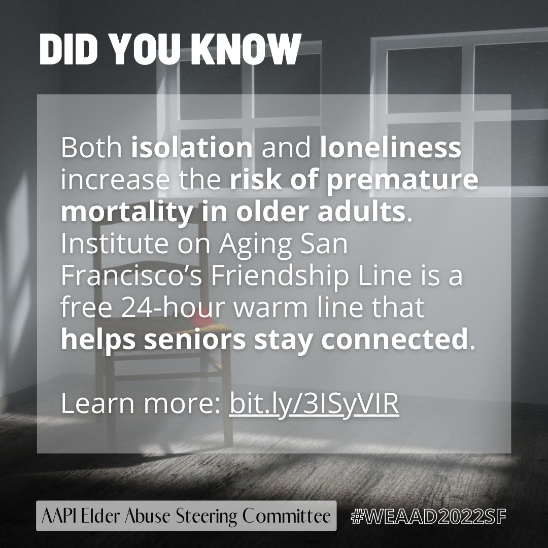 endelderabuse's tweet photo. Founded in 1973 by IOA’s Center for Elderly Suicide Prevention,  IOA's Friendship Line is a crisis intervention hotline &amp; warmline for non-emergency emotional support calls. Learn more: https://t.co/IzUyMir8UA #WEAAD #WEAAD2022 https://t.co/IKS9jbFKPf