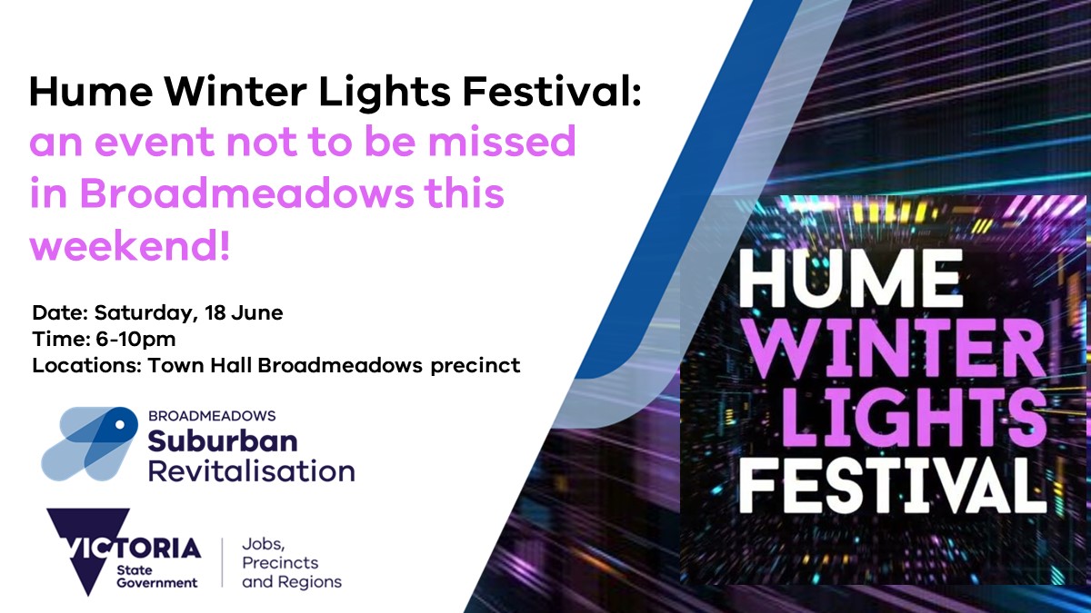 ShaunLeaneMP's tweet photo. A fantastic night of free entertainment coming up at Hume Winter Lights Festival this Saturday! Another terrific project supported by Victorian Government’s Broadmeadows Suburban Revitalisation program.
#SuburbanDevelopment #LivingLocally @HumeCityCouncil @Frank_McGuire https://t.co/e5jHwv0M7M